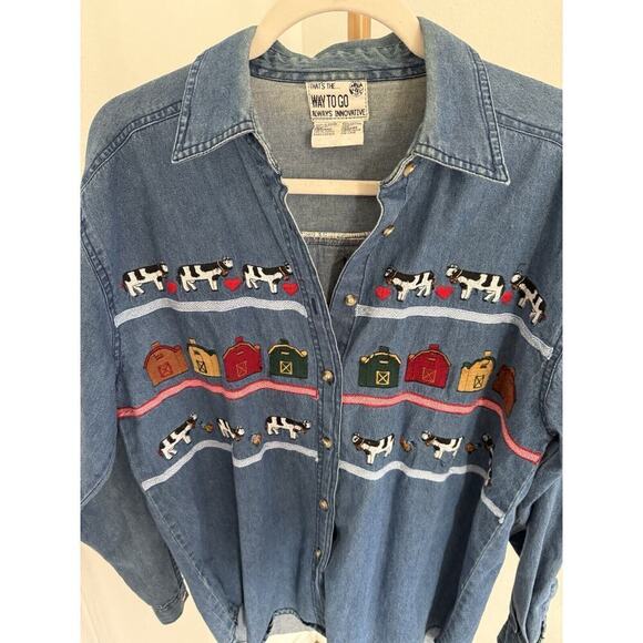 Way To Go Denim Button Up Shirt Embroidered Farm Animals Womens Medium Vintage - Picture 2 of 7
